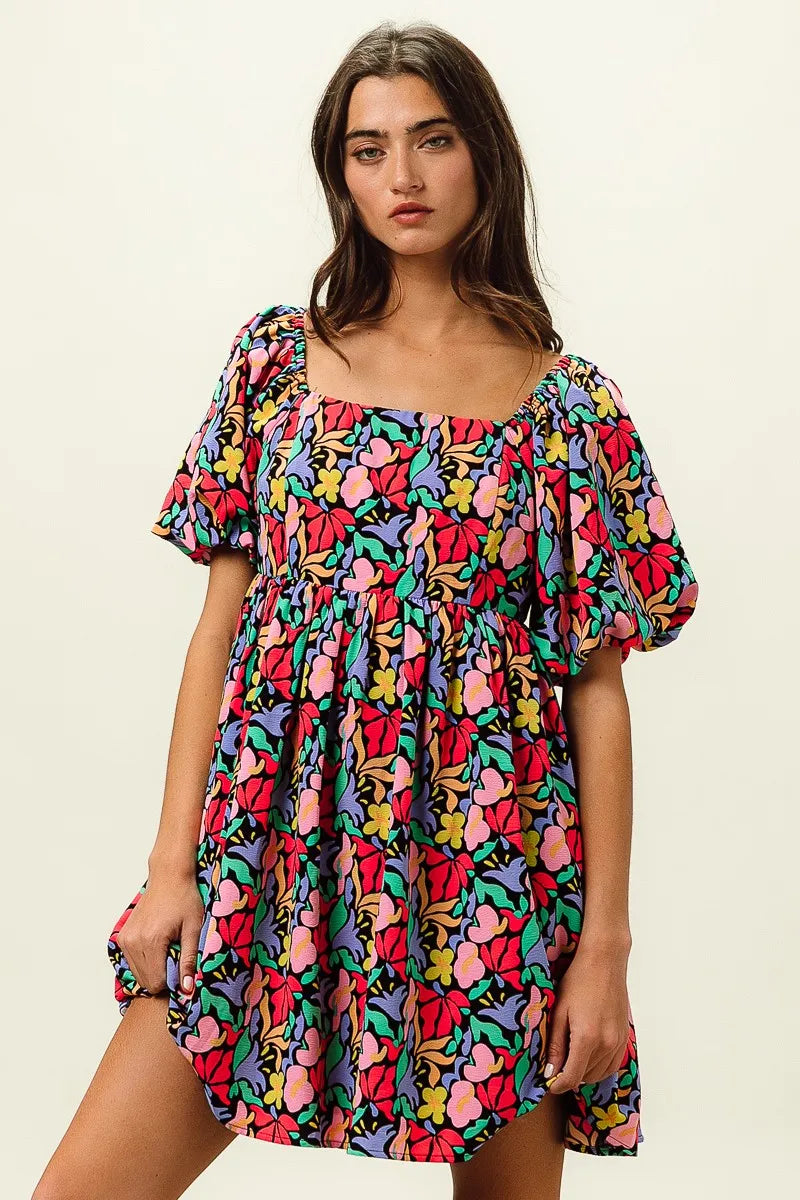 Floral Print Ruffled Hem Dress - Cutout & Tied.