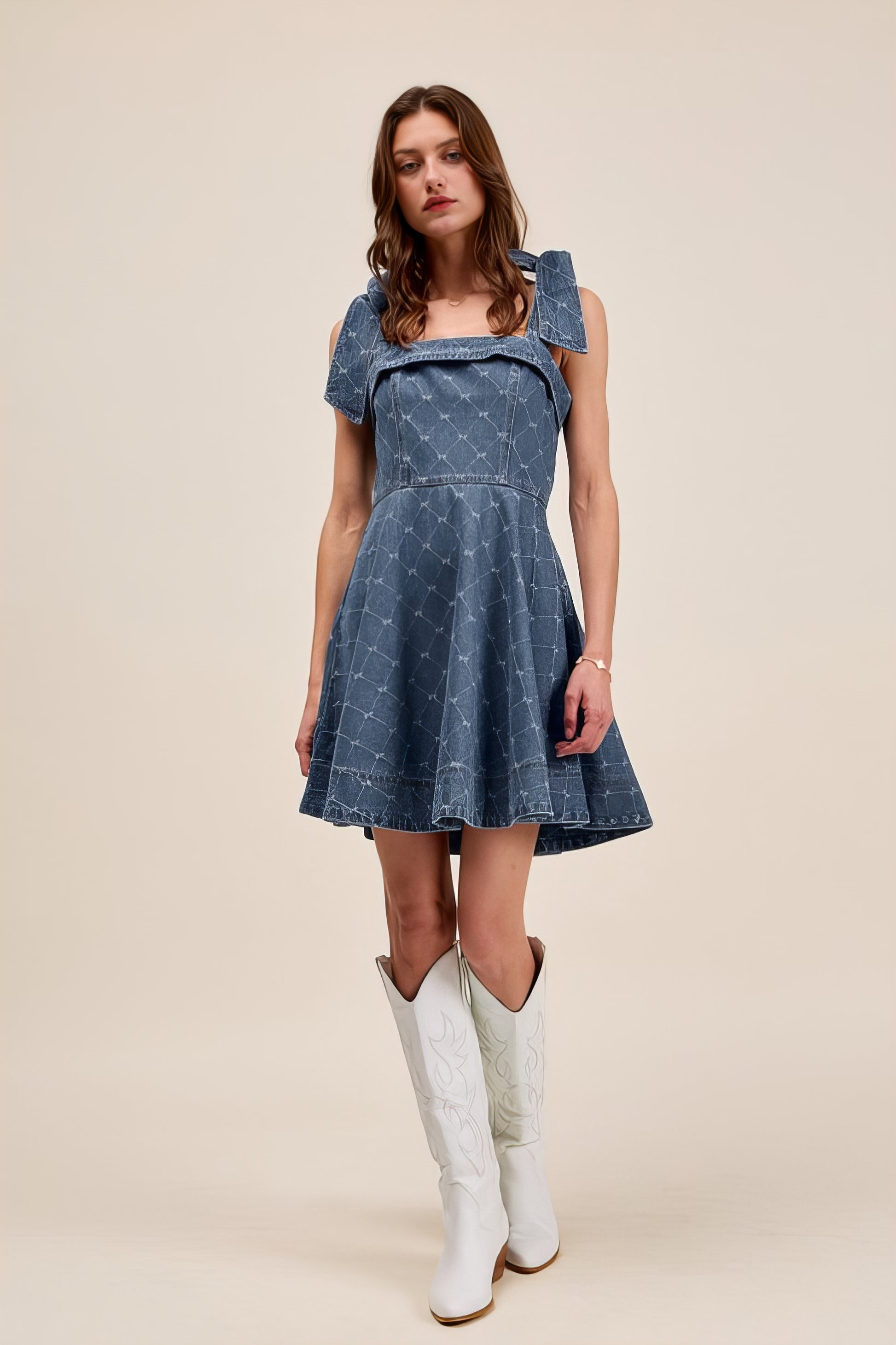 A-Line Fit and Flare Diamond Bow Ribbon Denim Dress with Tied Bow.
