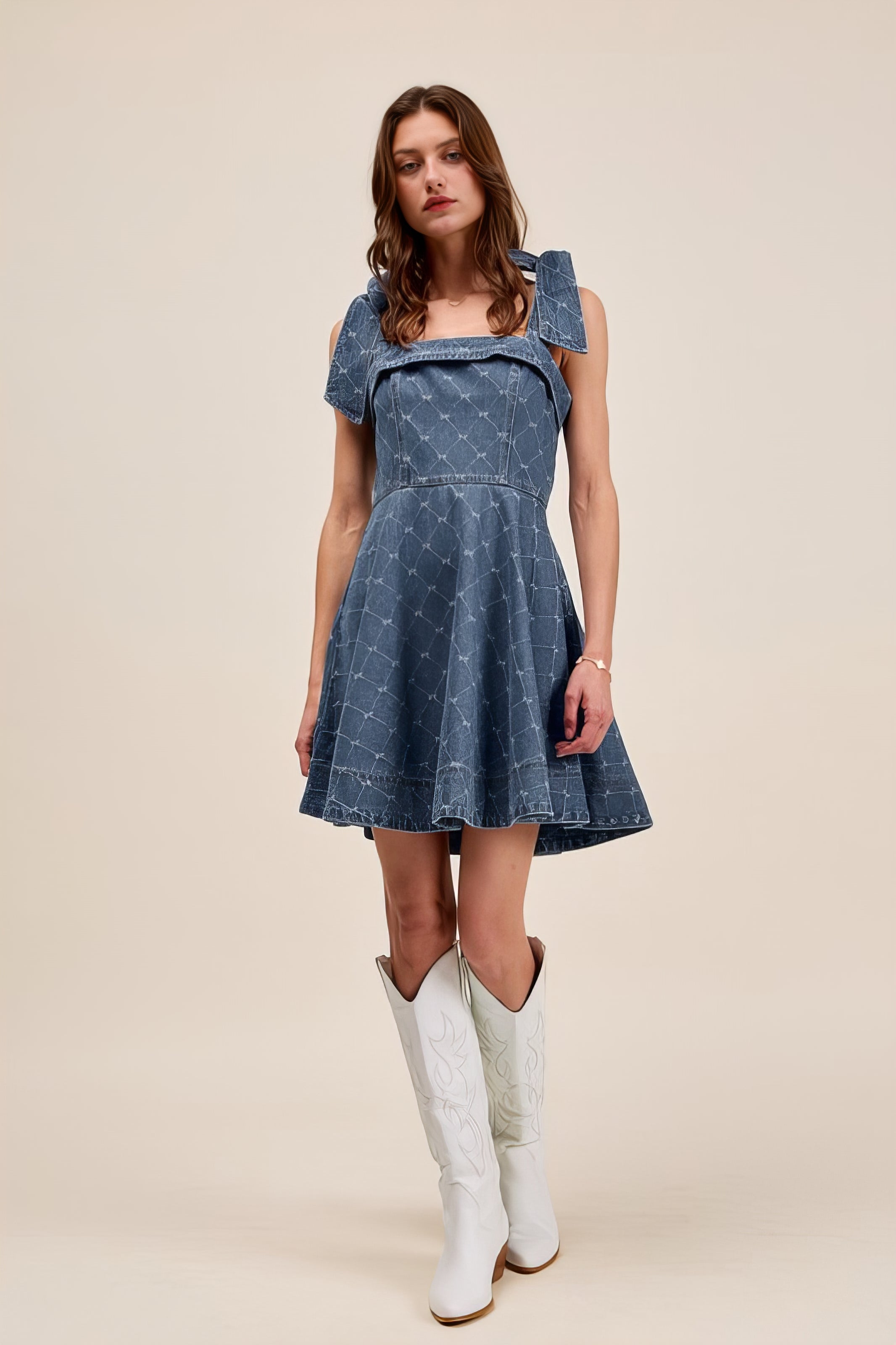 A-Line Fit and Flare Diamond Bow Ribbon Denim Dress with Tied Bow.