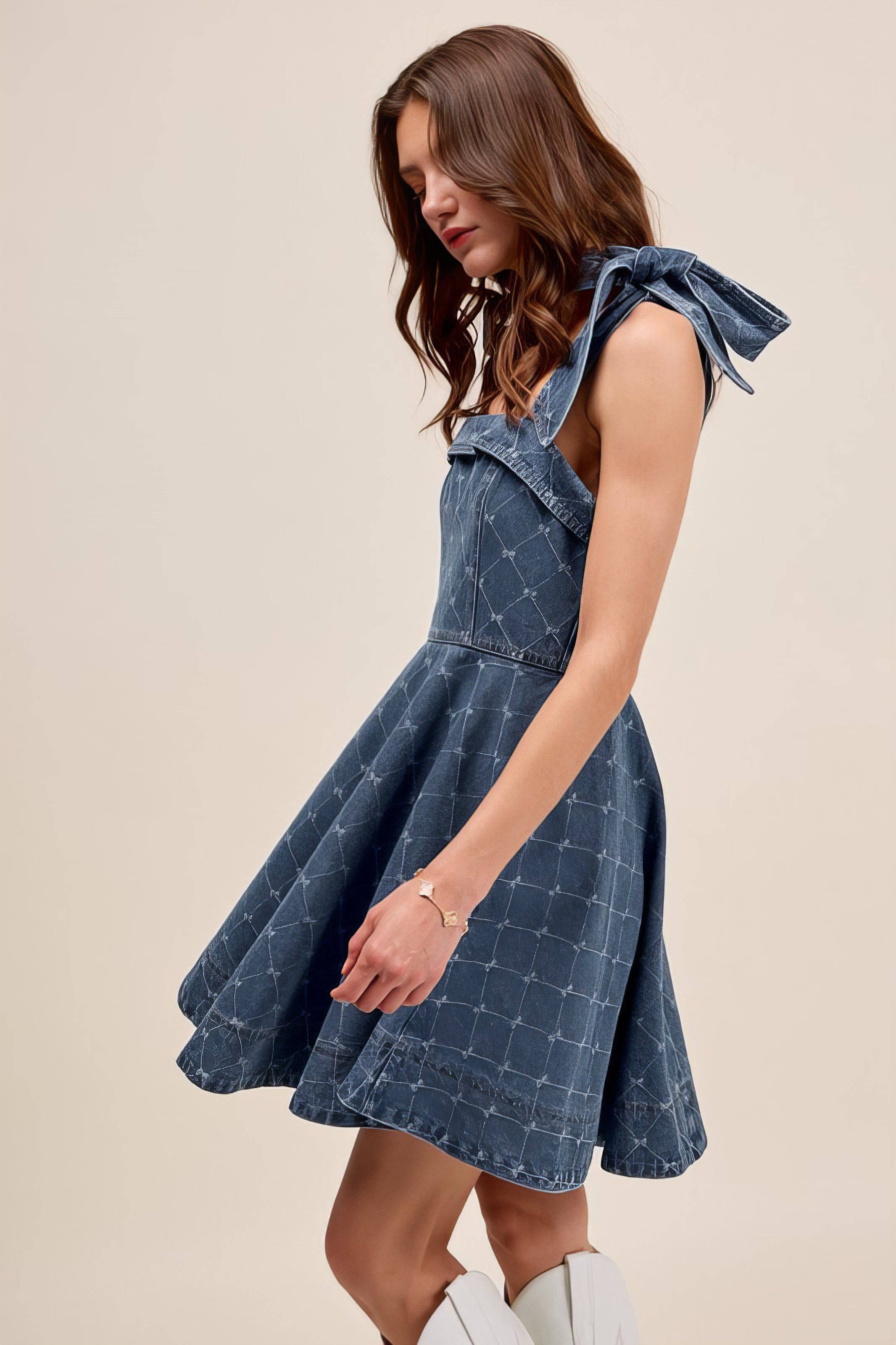 A-Line Fit and Flare Diamond Bow Ribbon Denim Dress with Tied Bow.