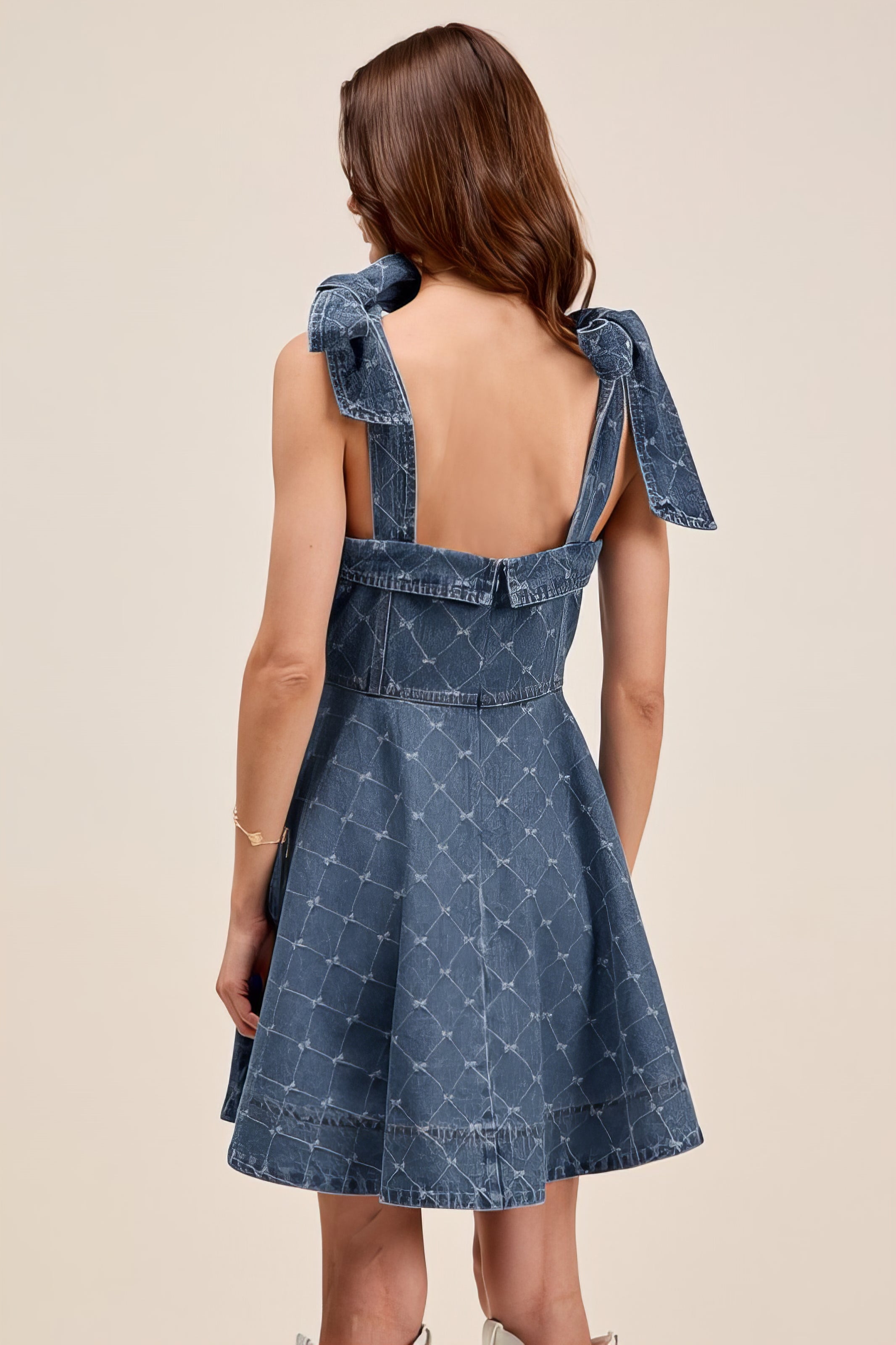 A-Line Fit and Flare Diamond Bow Ribbon Denim Dress with Tied Bow.