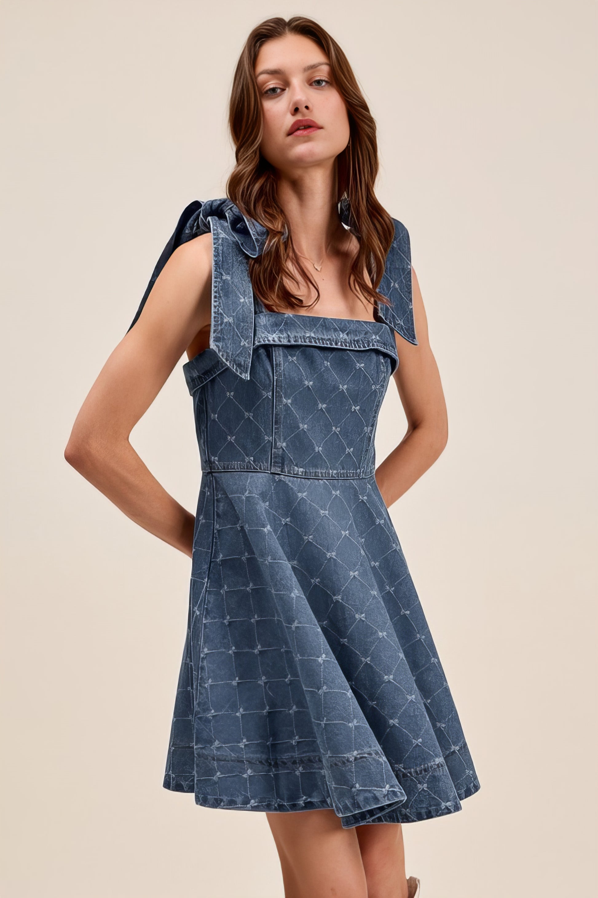 A-Line Fit and Flare Diamond Bow Ribbon Denim Dress with Tied Bow.