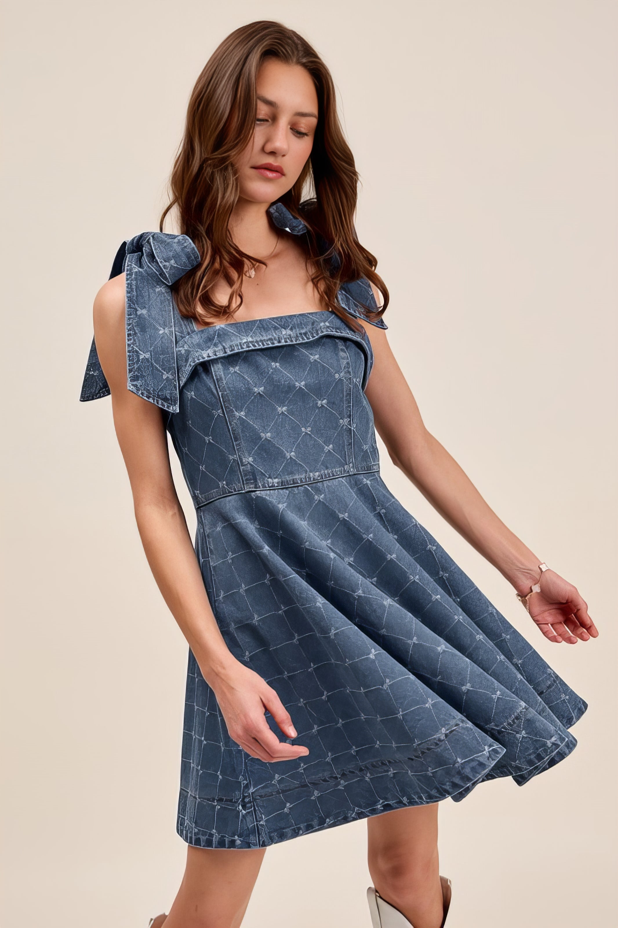 A-Line Fit and Flare Diamond Bow Ribbon Denim Dress with Tied Bow.
