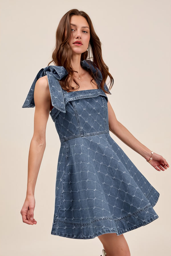 A-Line Fit and Flare Diamond Bow Ribbon Denim Dress with Tied Bow.