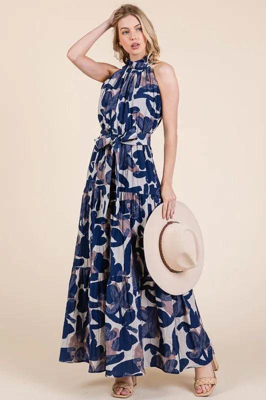 Lime N Chili Abstract Halter Neck Tie-Waist Tiered Maxi Dress.