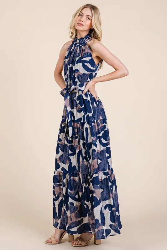 Lime N Chili Abstract Halter Neck Tie-Waist Tiered Maxi Dress.