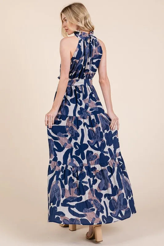 Lime N Chili Abstract Halter Neck Tie-Waist Tiered Maxi Dress.