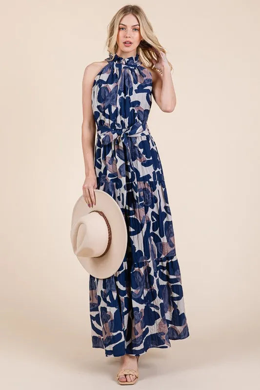 Lime N Chili Abstract Halter Neck Tie-Waist Tiered Maxi Dress.