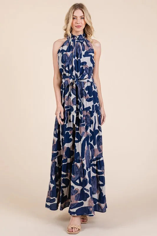Lime N Chili Abstract Halter Neck Tie-Waist Tiered Maxi Dress.