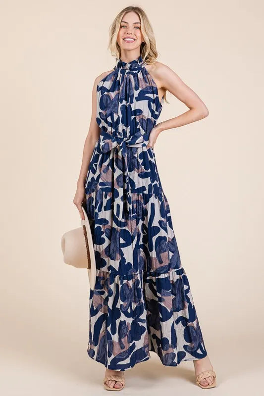 Lime N Chili Abstract Halter Neck Tie-Waist Tiered Maxi Dress.