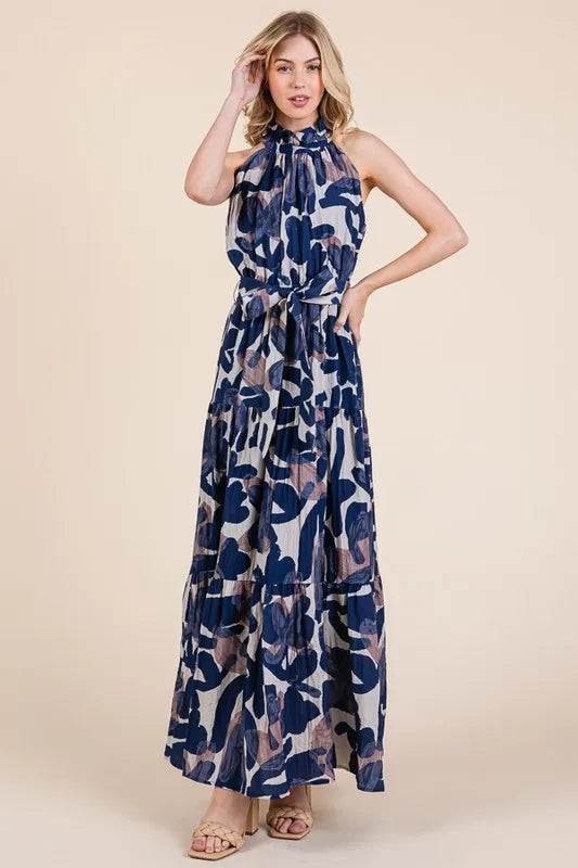 Lime N Chili Abstract Halter Neck Tie-Waist Tiered Maxi Dress.