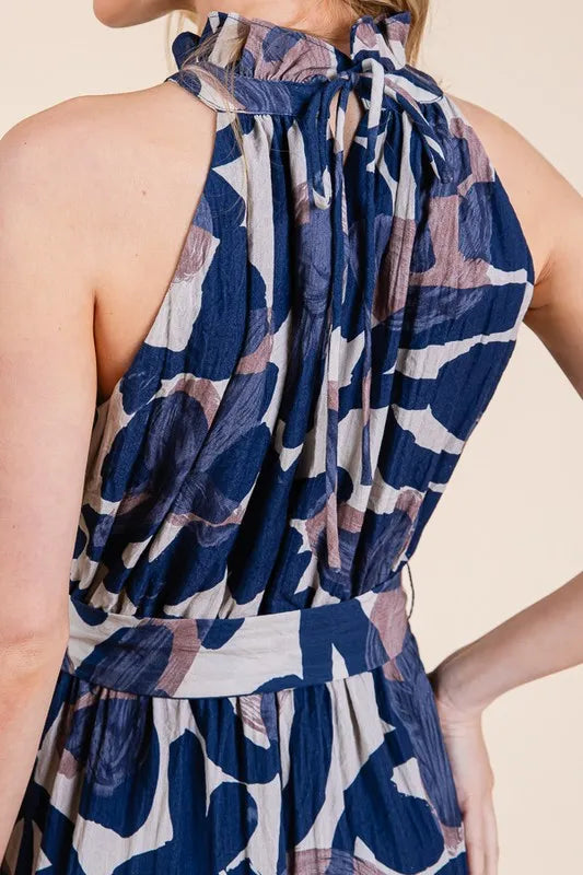 Lime N Chili Abstract Halter Neck Tie-Waist Tiered Maxi Dress.
