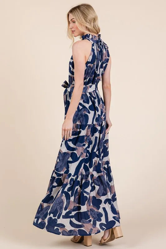 Lime N Chili Abstract Halter Neck Tie-Waist Tiered Maxi Dress.
