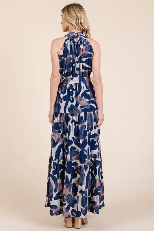 Lime N Chili Abstract Halter Neck Tie-Waist Tiered Maxi Dress.