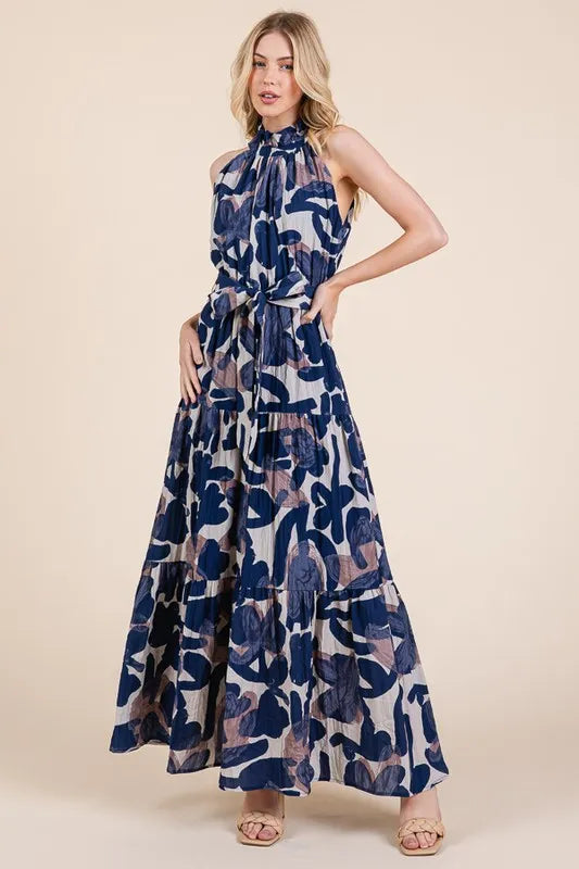 Lime N Chili Abstract Halter Neck Tie-Waist Tiered Maxi Dress.