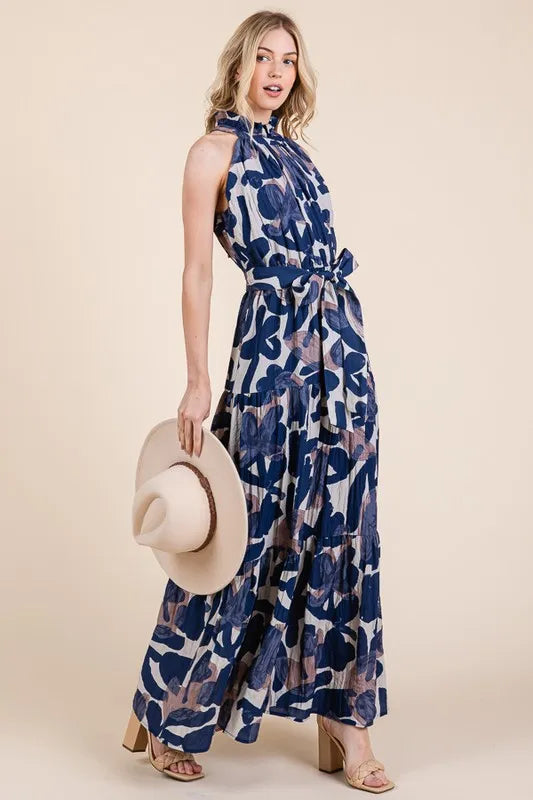 Lime N Chili Abstract Halter Neck Tie-Waist Tiered Maxi Dress.