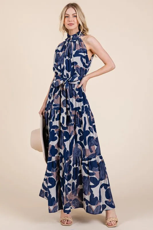Lime N Chili Abstract Halter Neck Tie-Waist Tiered Maxi Dress.