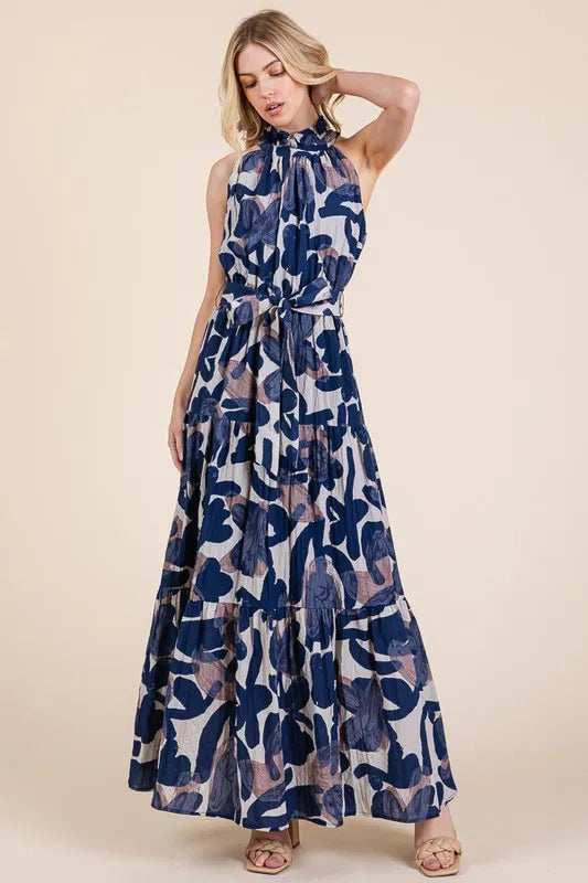 Lime N Chili Abstract Halter Neck Tie-Waist Tiered Maxi Dress.