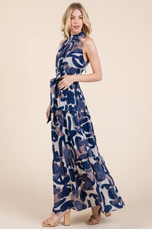 Lime N Chili Abstract Halter Neck Tie-Waist Tiered Maxi Dress.