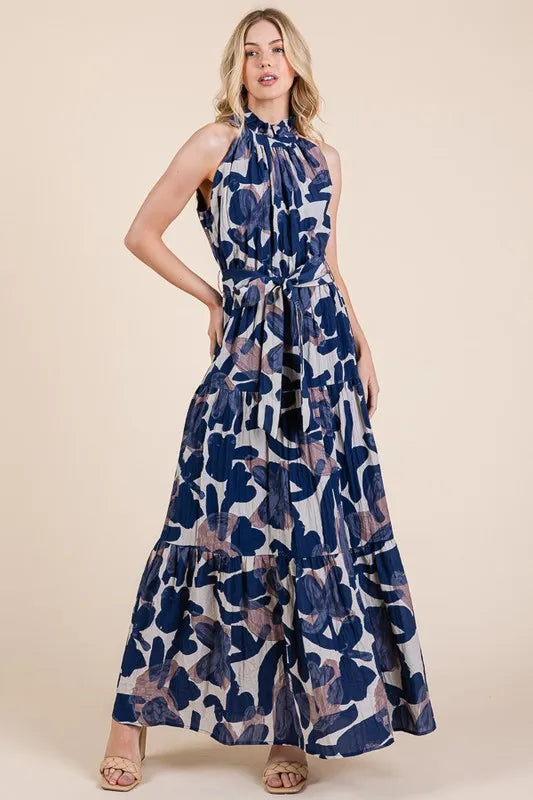 Lime N Chili Abstract Halter Neck Tie-Waist Tiered Maxi Dress.
