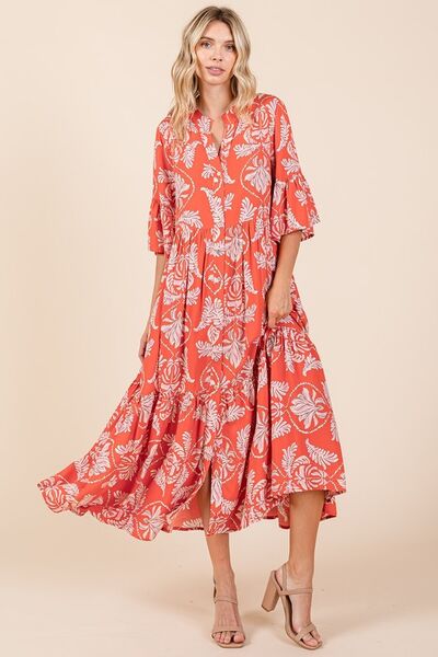Mittoshop Abstract Leaf Print Tiered Ruffle Dress.