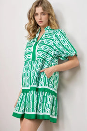 Abstract Patterned V-Neck Puff Short Sleeve Mini Dress with Frill.