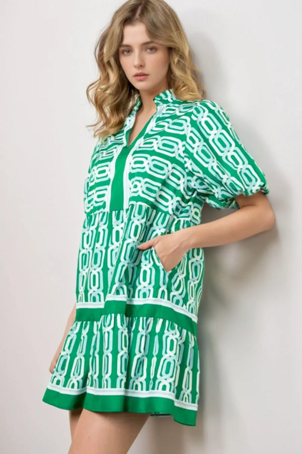 Abstract Patterned V-Neck Puff Short Sleeve Mini Dress with Frill.