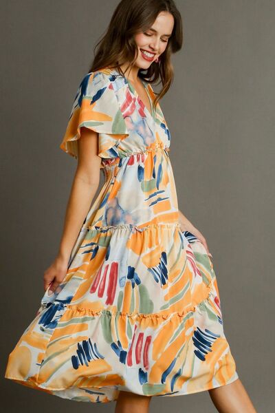 Umgee Plus Size Abstract Print Flutter Sleeve Frill Tiered Midi Dress.