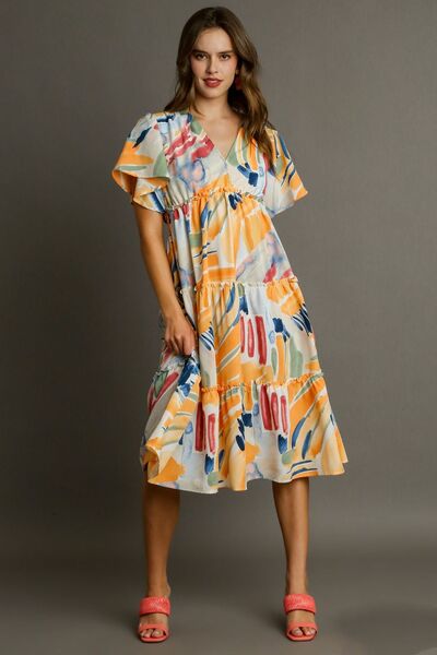 Umgee Plus Size Abstract Print Flutter Sleeve Frill Tiered Midi Dress.