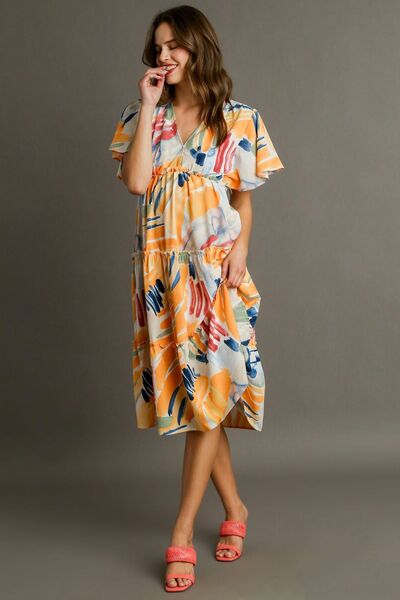 Umgee Plus Size Abstract Print Flutter Sleeve Frill Tiered Midi Dress.