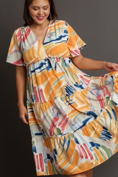 Umgee Plus Size Abstract Print Flutter Sleeve Frill Tiered Midi Dress.