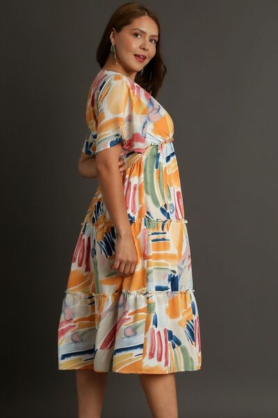 Umgee Plus Size Abstract Print Flutter Sleeve Frill Tiered Midi Dress.