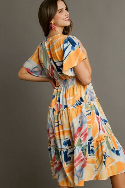 Umgee Plus Size Abstract Print Flutter Sleeve Frill Tiered Midi Dress.
