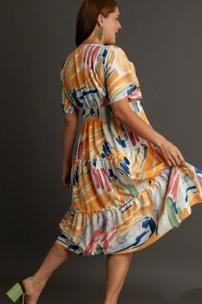 Umgee Plus Size Abstract Print Flutter Sleeve Frill Tiered Midi Dress.