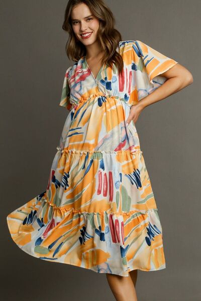 Umgee Plus Size Abstract Print Flutter Sleeve Frill Tiered Midi Dress.