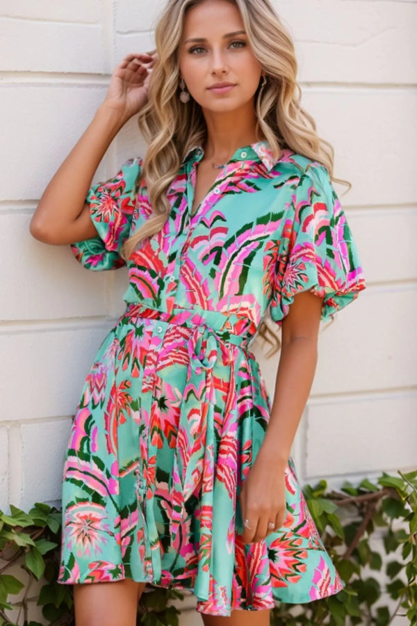 Abstract Print Lace-Up High Waist Buttoned Mini Dress with Tied Detail.