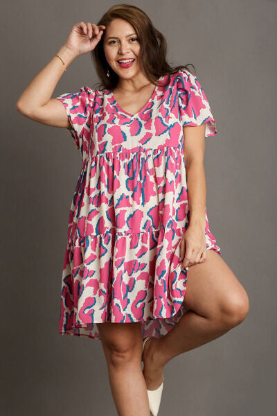 Umgee Plus Size Abstract Print Pleat Detail Short Sleeve V-Neck Tiered Dress.