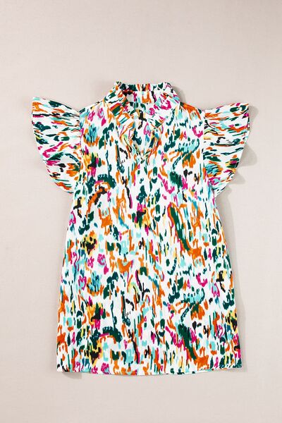 Abstract print ruffle sleeve blouse.