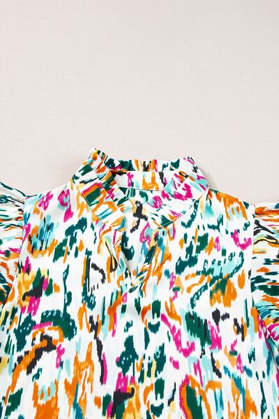 Abstract print ruffle sleeve blouse.