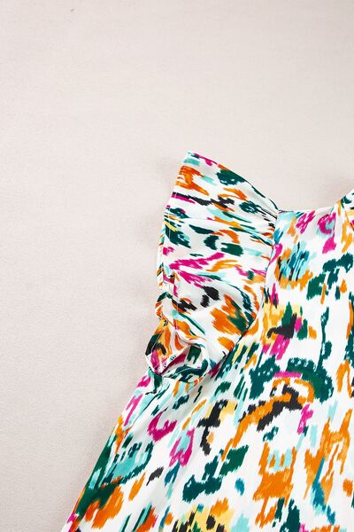 Abstract print ruffle sleeve blouse.