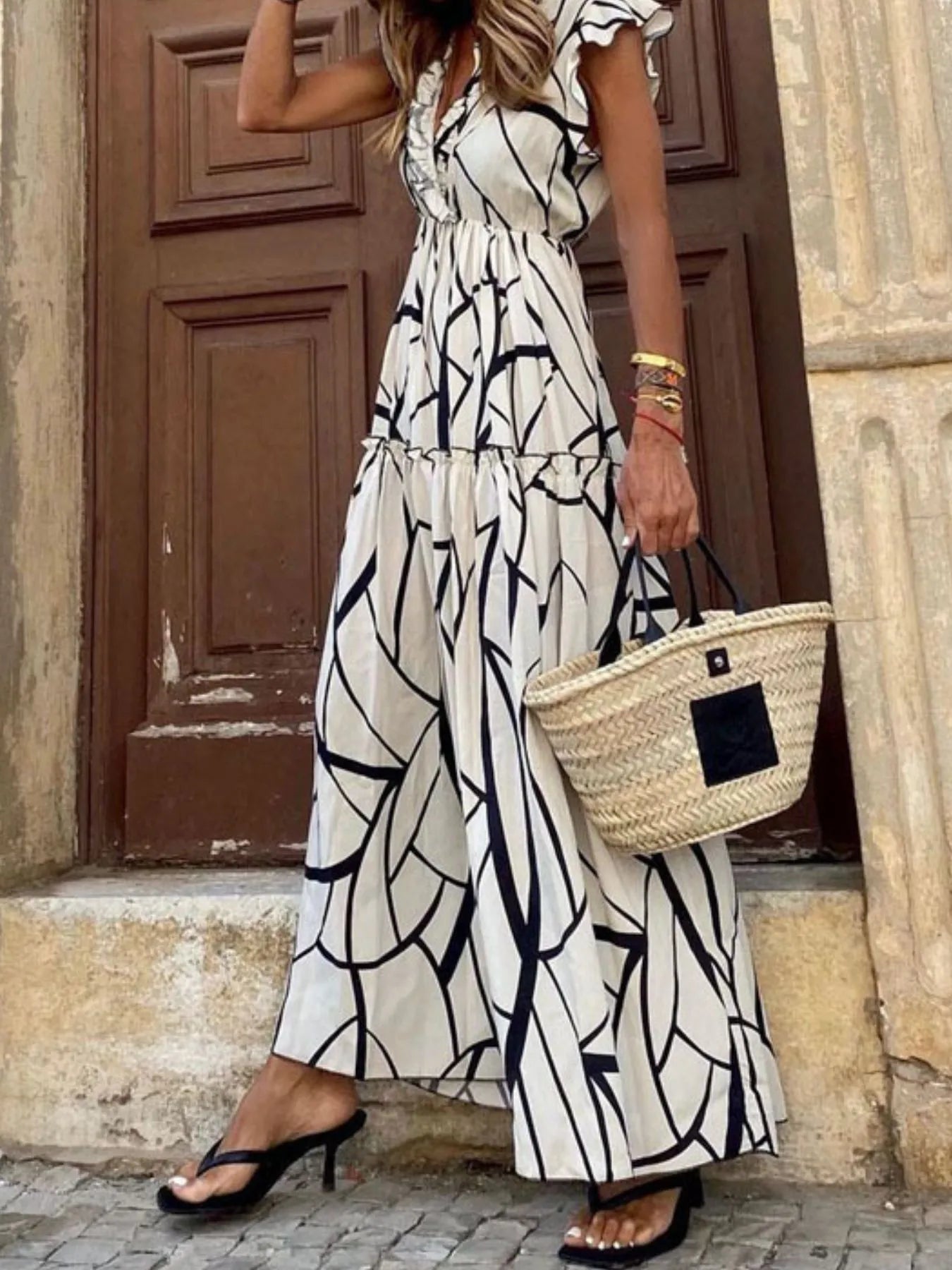 Abstract Print Ruffle Sleeve V-Neck Midi Dress with Frill and Ruched Details.