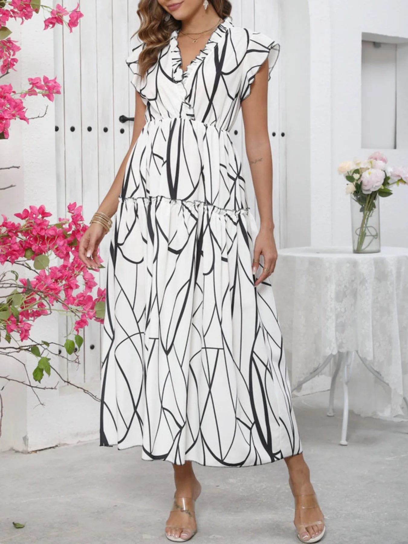 Abstract Print Ruffle Sleeve V-Neck Midi Dress with Frill and Ruched Details.