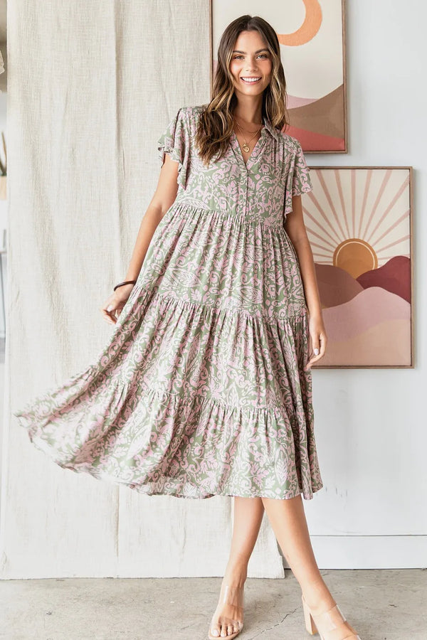 Mittoshop Abstract Print Ruffle Tier Midi Dress.
