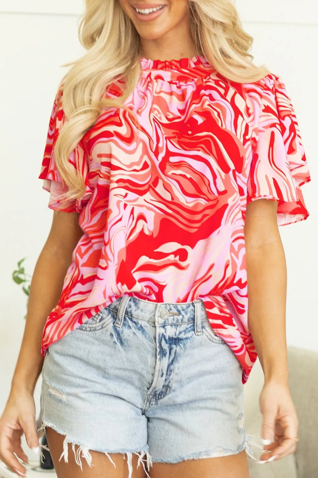 Abstract Print Ruffled Short Sleeve Mock Neck Blouse.