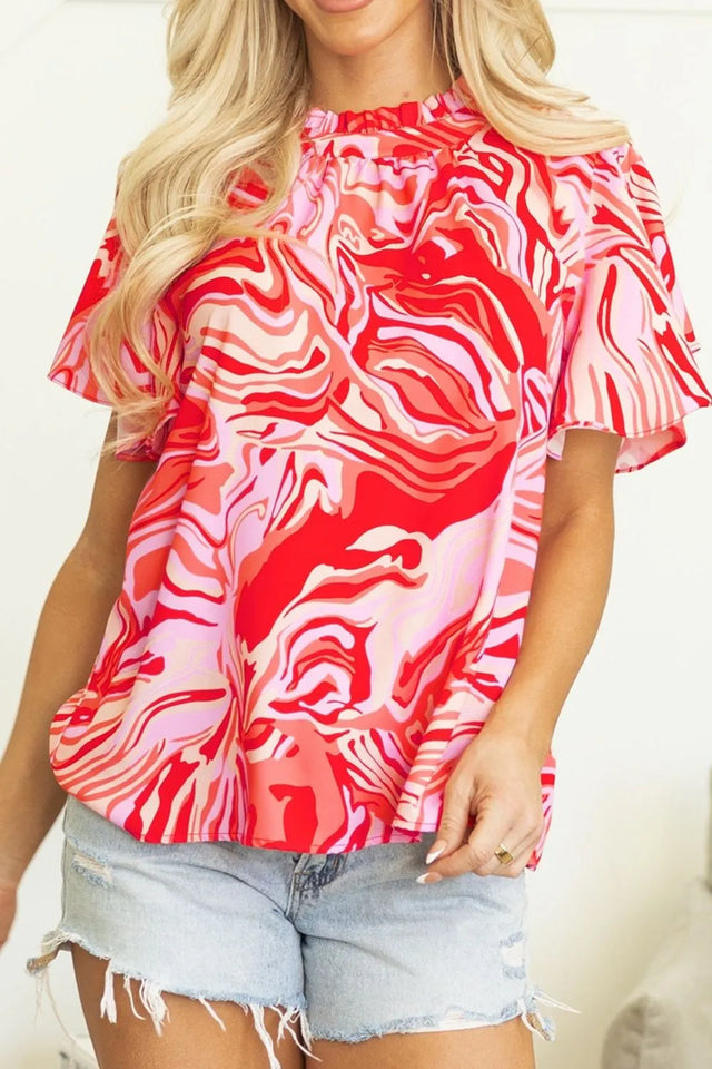 Abstract Print Ruffled Short Sleeve Mock Neck Blouse.