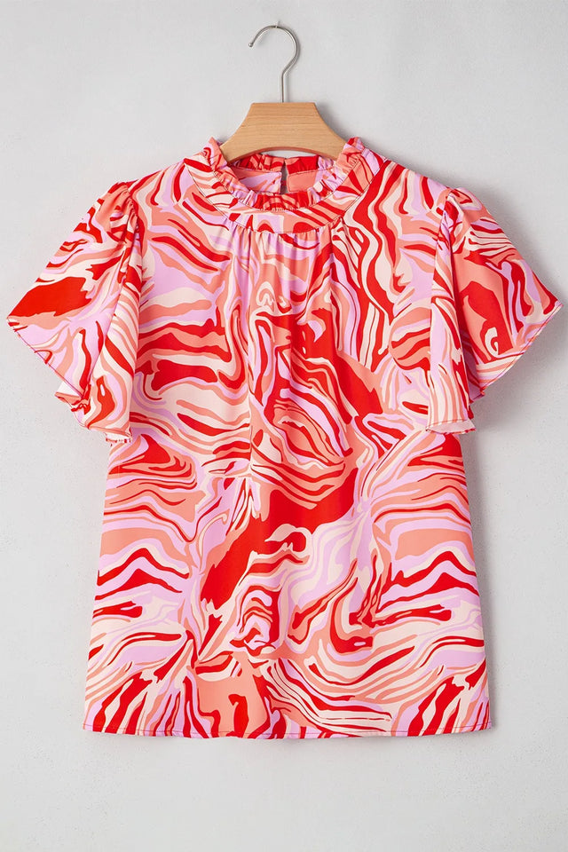 Abstract Print Ruffled Short Sleeve Mock Neck Blouse.