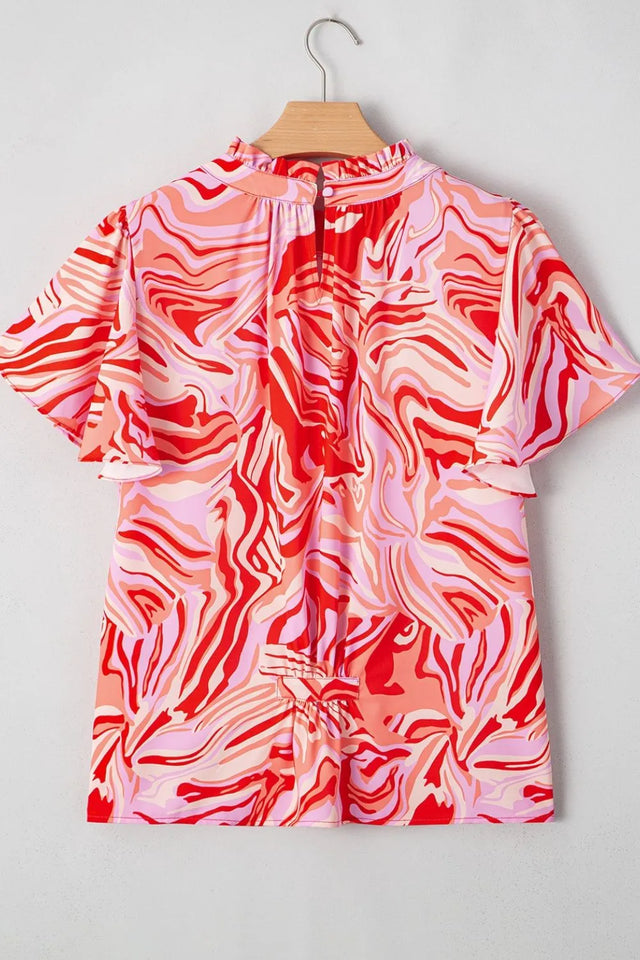 Abstract Print Ruffled Short Sleeve Mock Neck Blouse.