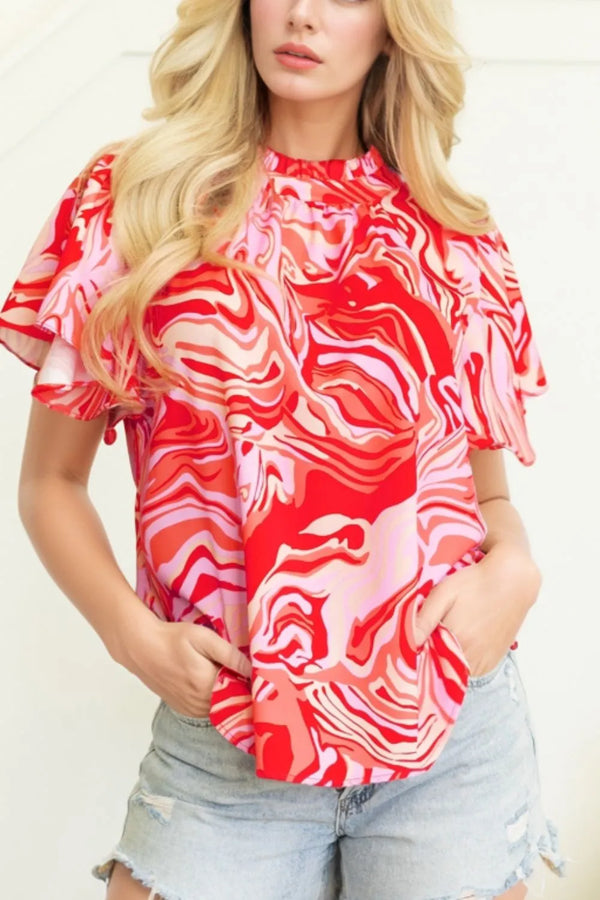Abstract Print Ruffled Short Sleeve Mock Neck Blouse.