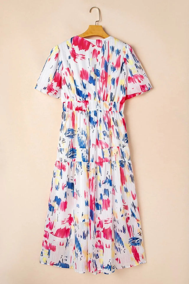 Abstract Print Short Puff Sleeve Tiered Maxi Dress.