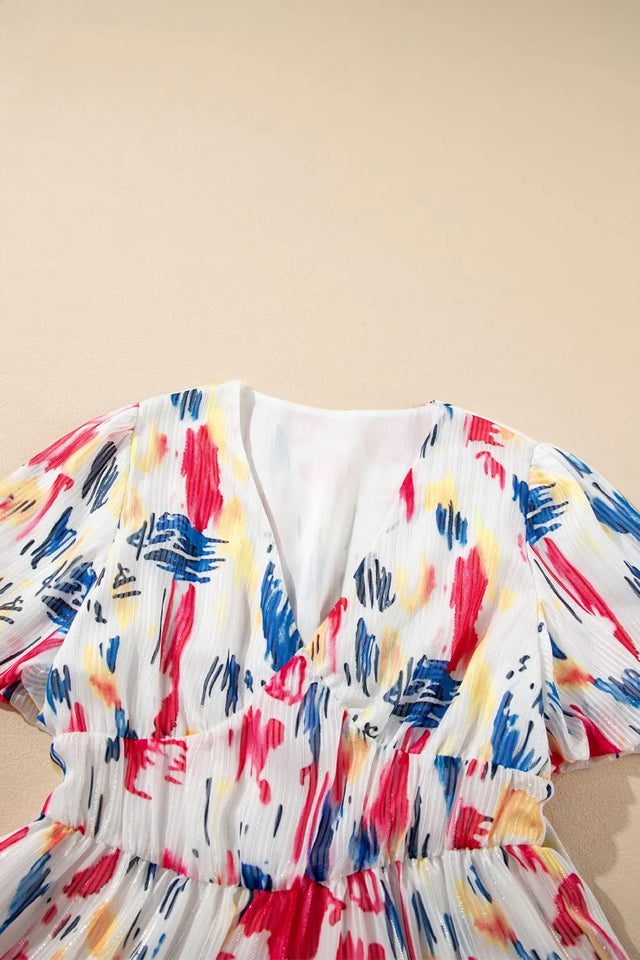 Abstract Print Short Puff Sleeve Tiered Maxi Dress.